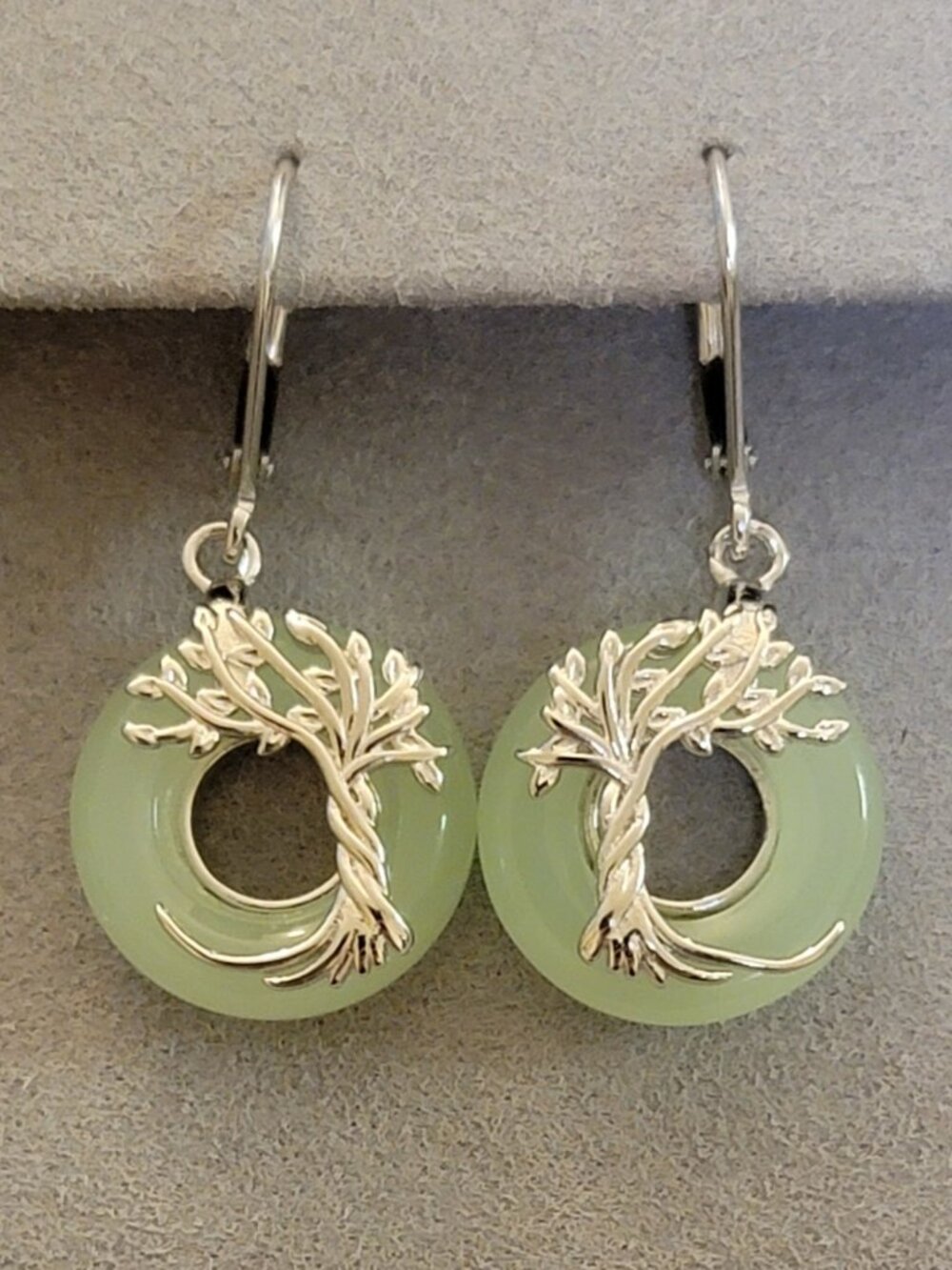 Natural Jade Tree of Life Dangle Earrings S925 Leverback Silver NWT